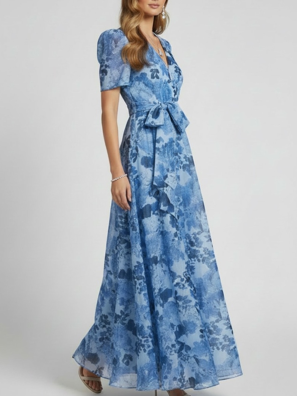 NWT SACHIN + BABI Bronwyn Blue Floral Short Self Tie Waist Organza Gown Size 2
